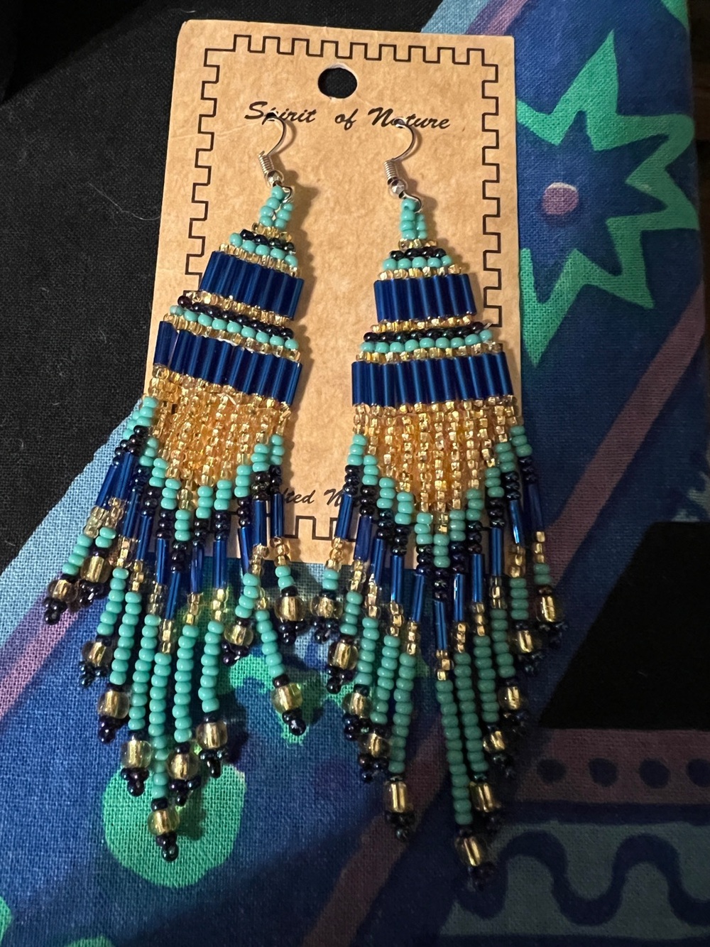 Blue, Turquoise & Gold Beaded Fringe Earrings